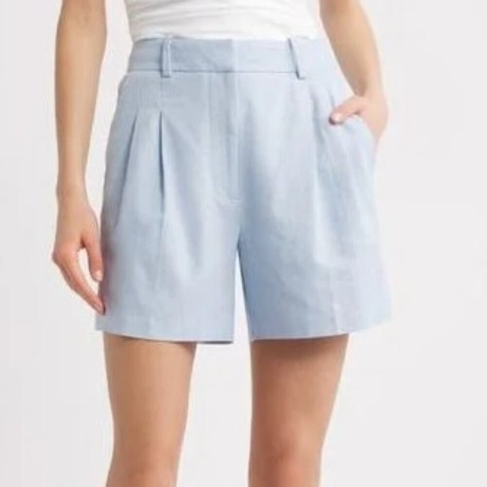 Open Edit Linen Blend Light Blue Pleated Shorts | Size 16 | NWT